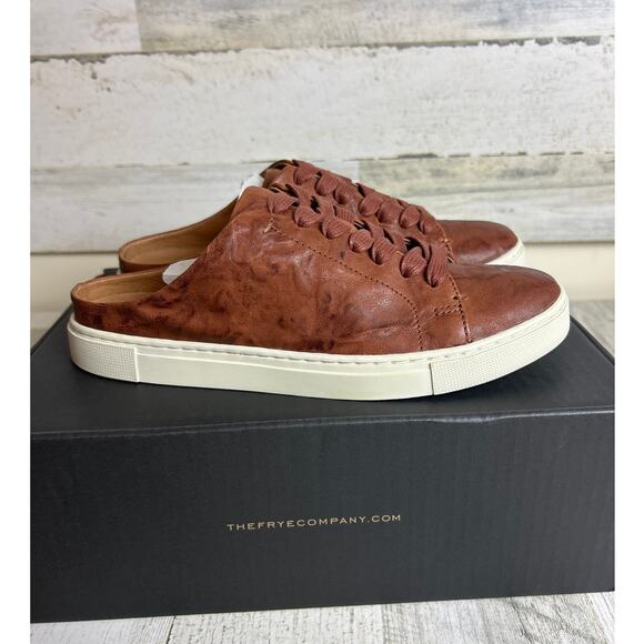 Frye Women's 7 cognac brown Ivy Low Lace Mule Leather lace up sneaker shoe new - Picture 4 of 9